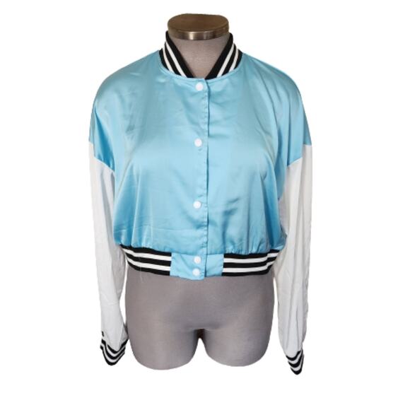 SKY BLUE SATIN ☆ BASEBALL STYLE ☆ CROPPED LIGHTWEIGHT JACKET ☆ NWT - Picture 2 of 6